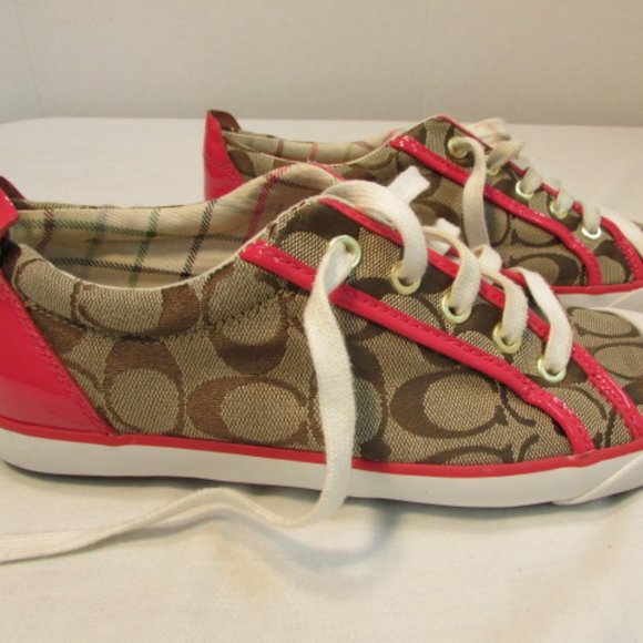 Coach Barrett Signature Brown Canvas with Pink Leather Trim Sneakers - Picture 1 of 12